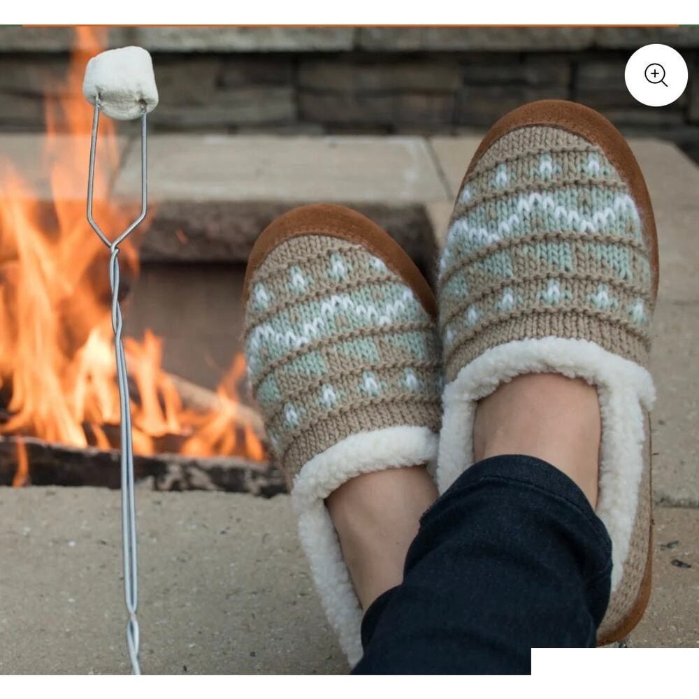 Acorn Women's Knit Sherpa Slipper — Fair Isle Tan/Blue — Size 8-9 — NWOT